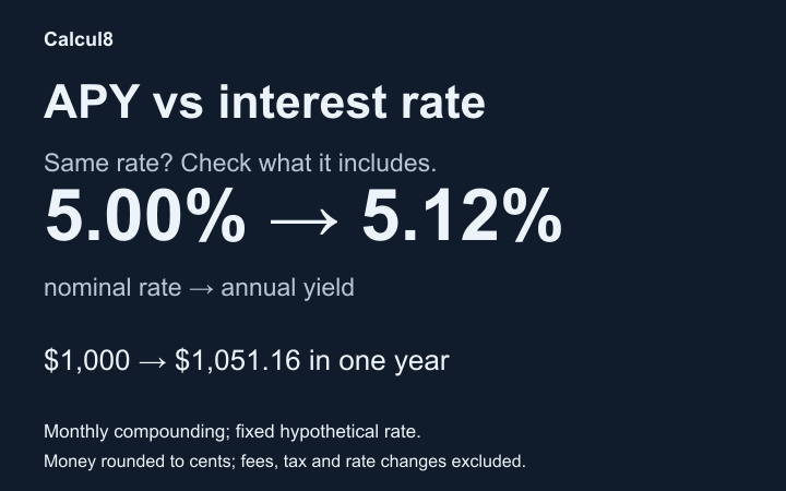 A hypothetical 5% nominal annual rate compounded monthly gives about 5.12% annual yield and grows $1,000 to $1,051.16 in one year.
