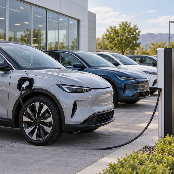 Original illustration of unbranded cars and an electric vehicle charging pedestal.
