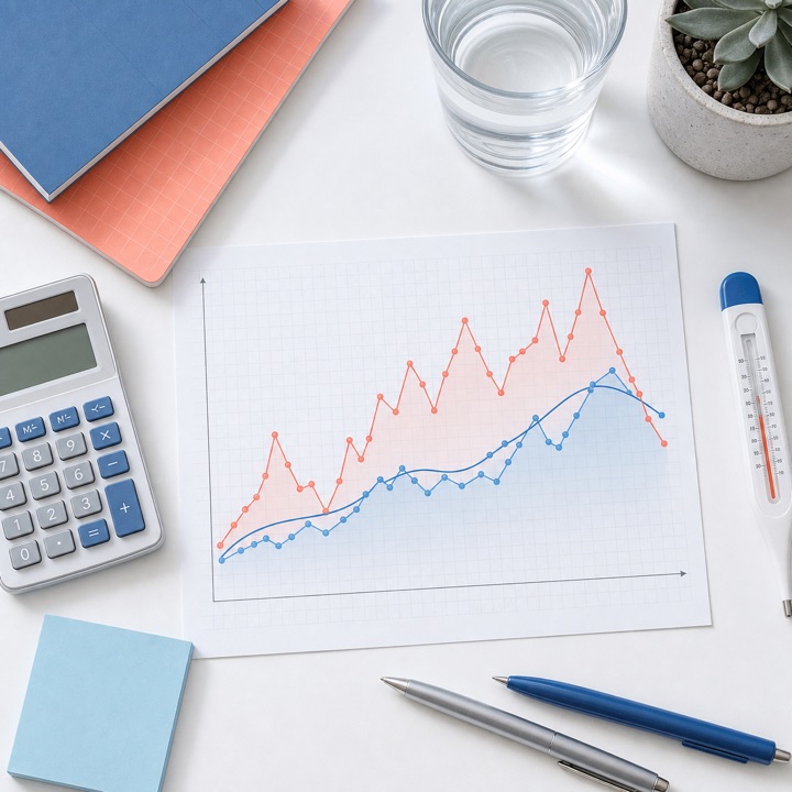 An unlabeled daily data chart beside a calculator, thermometer, pens, notebooks, and a glass of water.