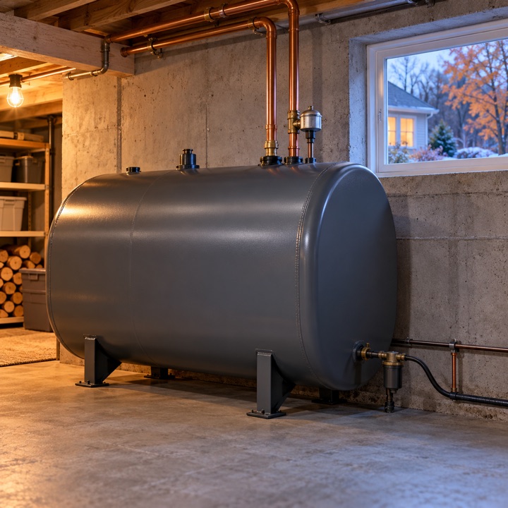 Original illustration of a residential heating-oil tank and pipework in a basement.