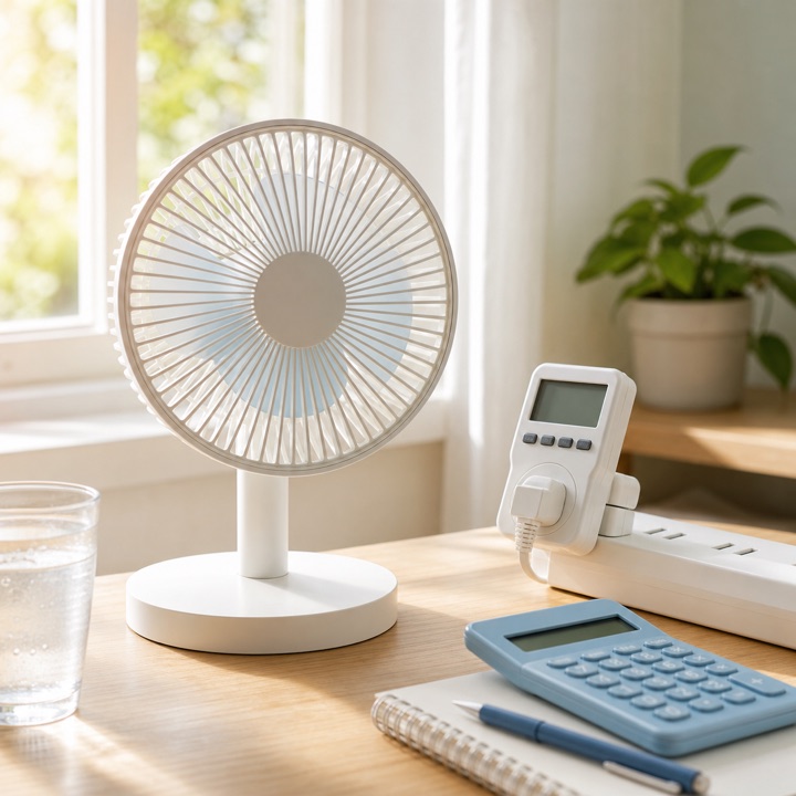 A compact desk fan beside a plug-in power meter, calculator, notebook, and glass of water in a bright room.