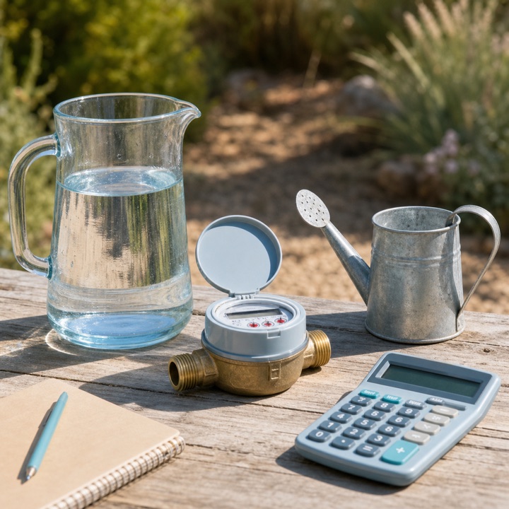 A glass water jug, domestic water meter, watering can, calculator, and notebook on a dry summer garden table.