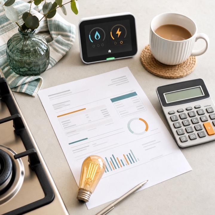 A generic utility bill, calculator, smart meter display, light bulb, and cooker on a bright household table.