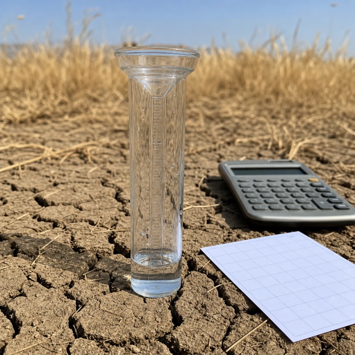 A nearly empty rain gauge, calculator, and blank chart card on dry cracked soil under a clear sky.