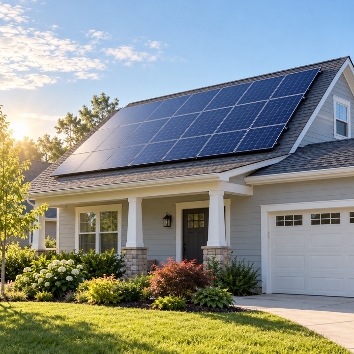 Original illustration of photovoltaic panels on a suburban house roof.