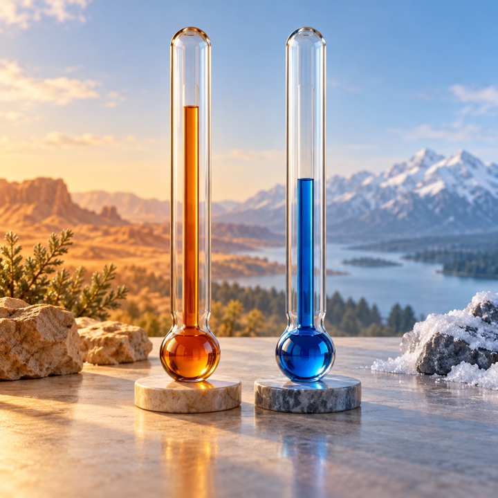 Original illustration of two unmarked thermometers with warm and cool accents.