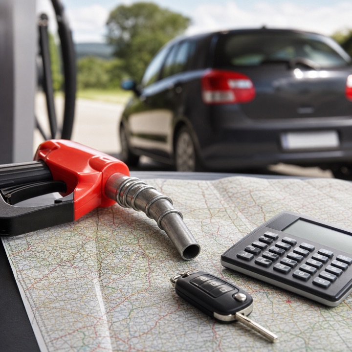 A red fuel nozzle, road map, calculator, and car key with a parked car in the background.
