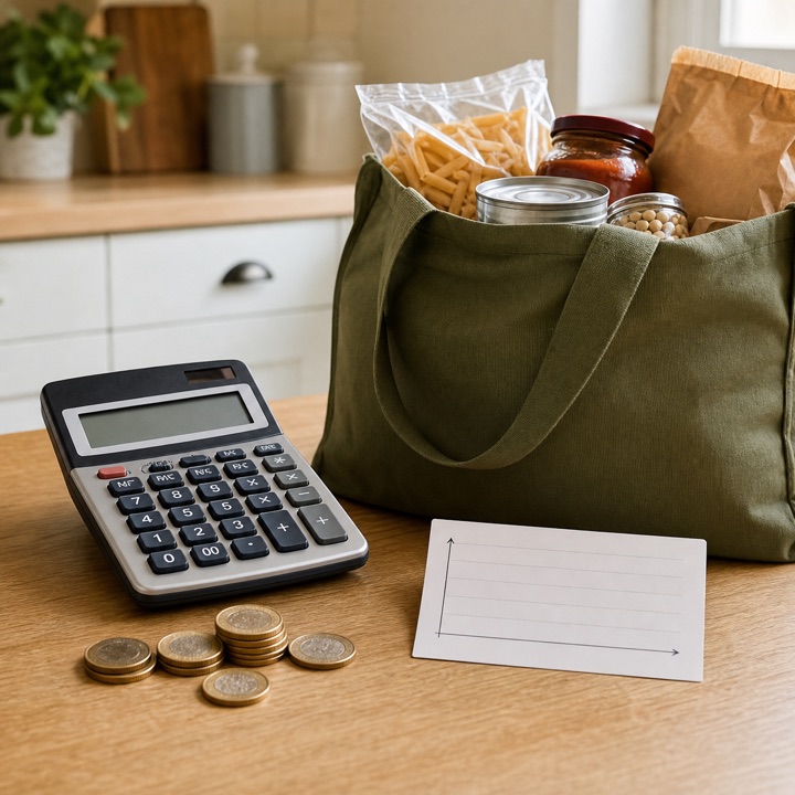 A calculator, pound coins, grocery bag, and blank chart card on a bright kitchen table.