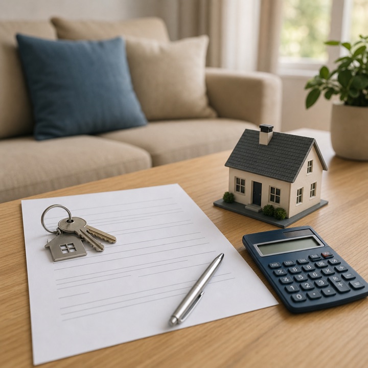 House keys, blank rental paperwork, a calculator, pen, and model home on a living-room table.