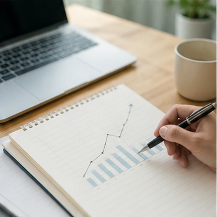 A notebook with a hand drawing a growth chart beside a laptop and coffee mug.