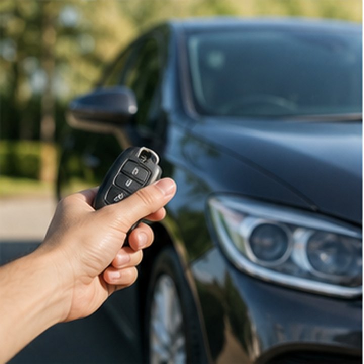 A hand holding car keys in front of a parked car in daylight.