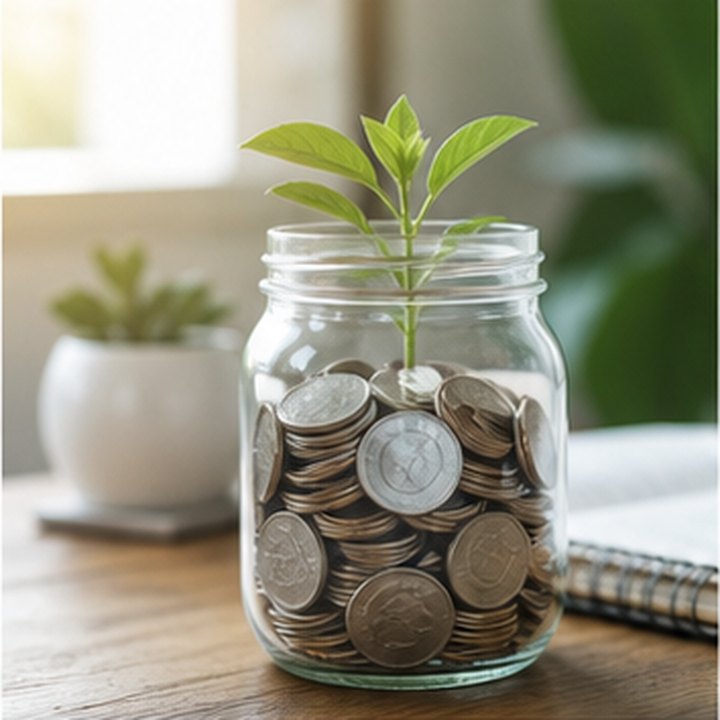 A glass jar of coins with a small plant growing from it on a bright desk.