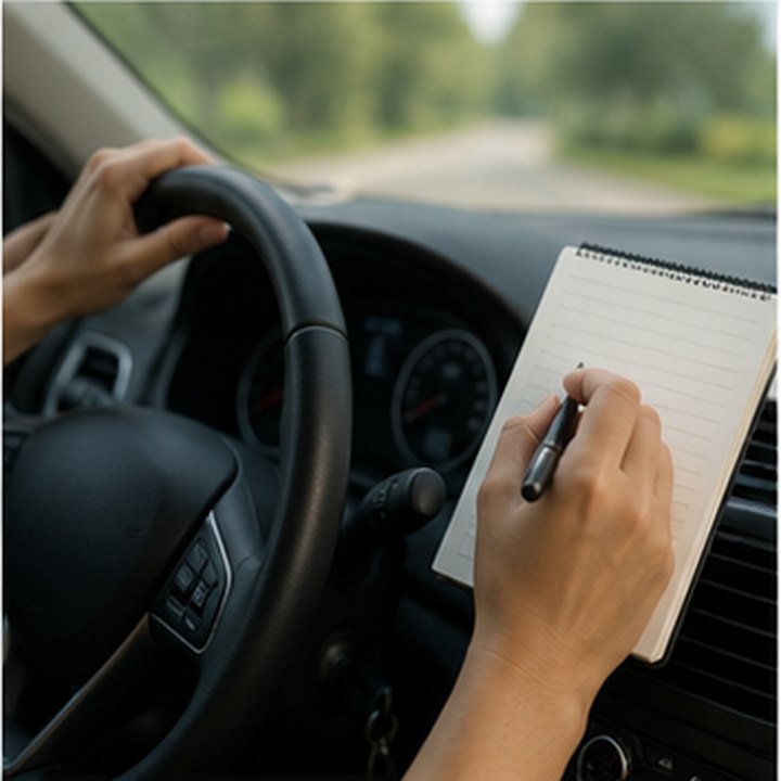 A person writing in a notebook inside a car with the road ahead softly visible.