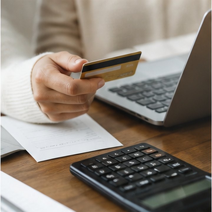 A hand holding a bank card near a laptop and calculator on a desk.