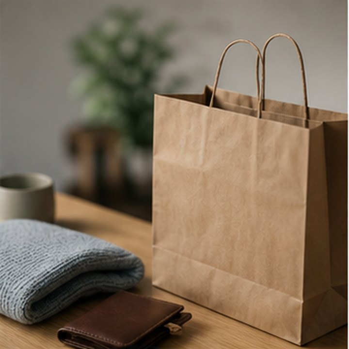 A paper shopping bag, folded fabric, and wallet on a warm tabletop.