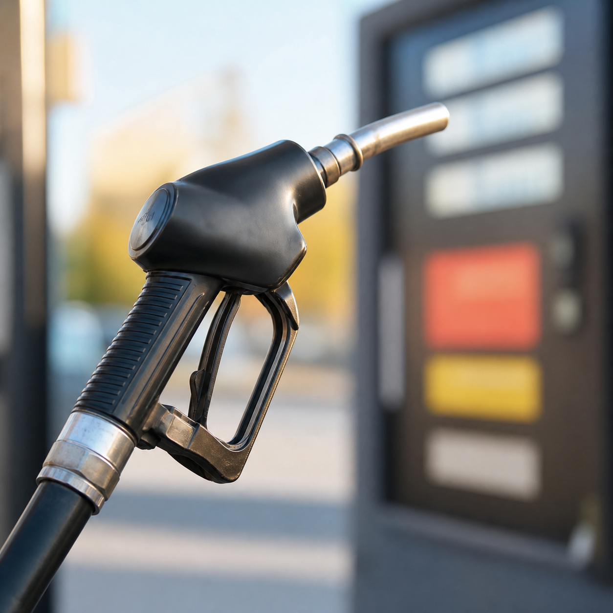 A close-up of a fuel pump handle and a dashboard-style price display.