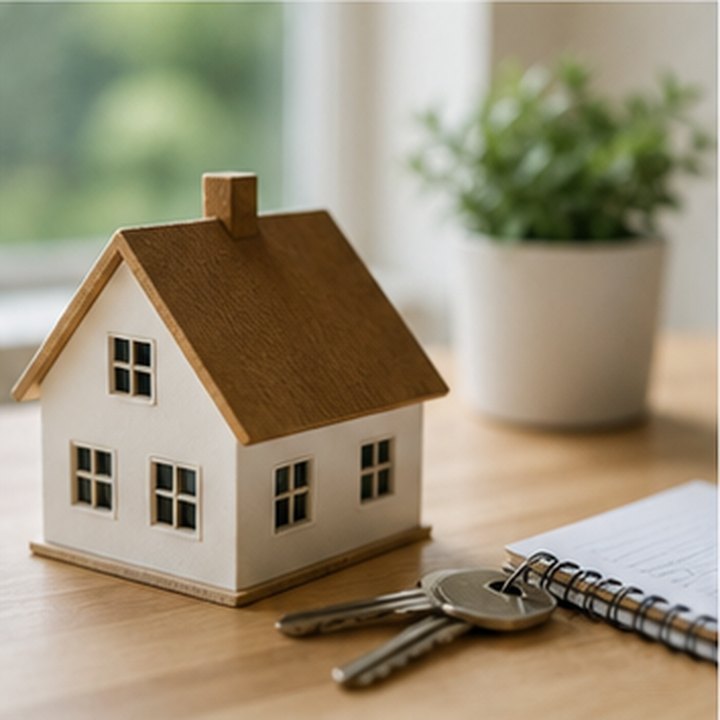 A model house with keys and a notebook on a bright desk.
