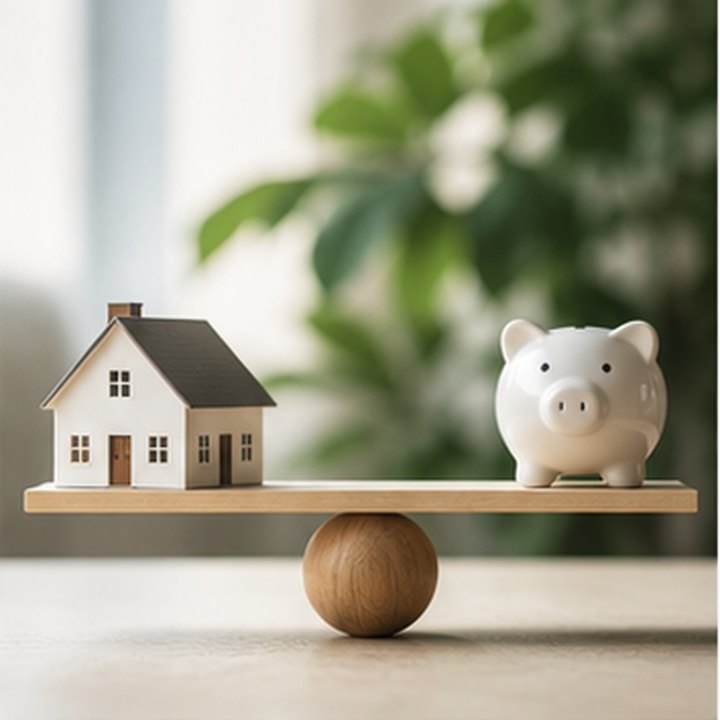 A model house and piggy bank balanced on a simple scale.