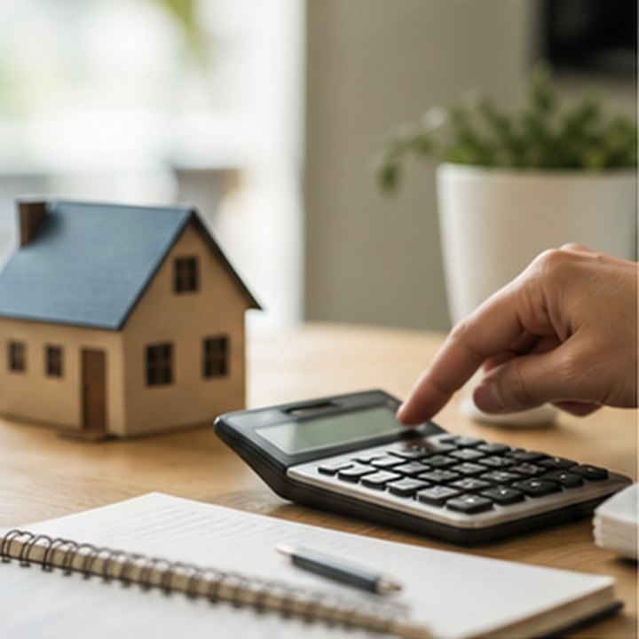 A small model house beside a calculator and notebook on a wooden table.