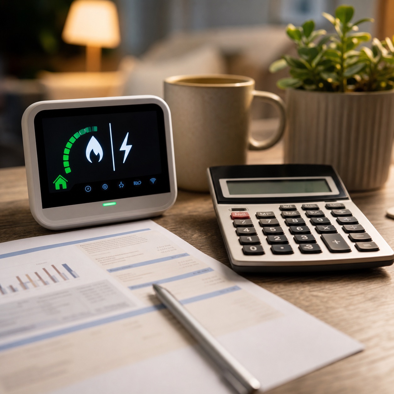 A utility bill, calculator, and a smart meter-style device on a table.