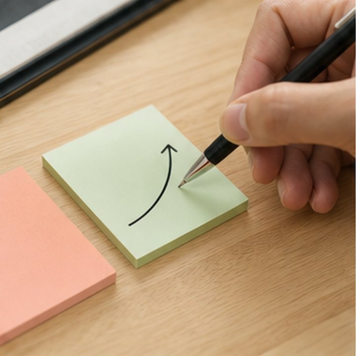 A hand drawing an upward arrow on sticky notes at a desk.