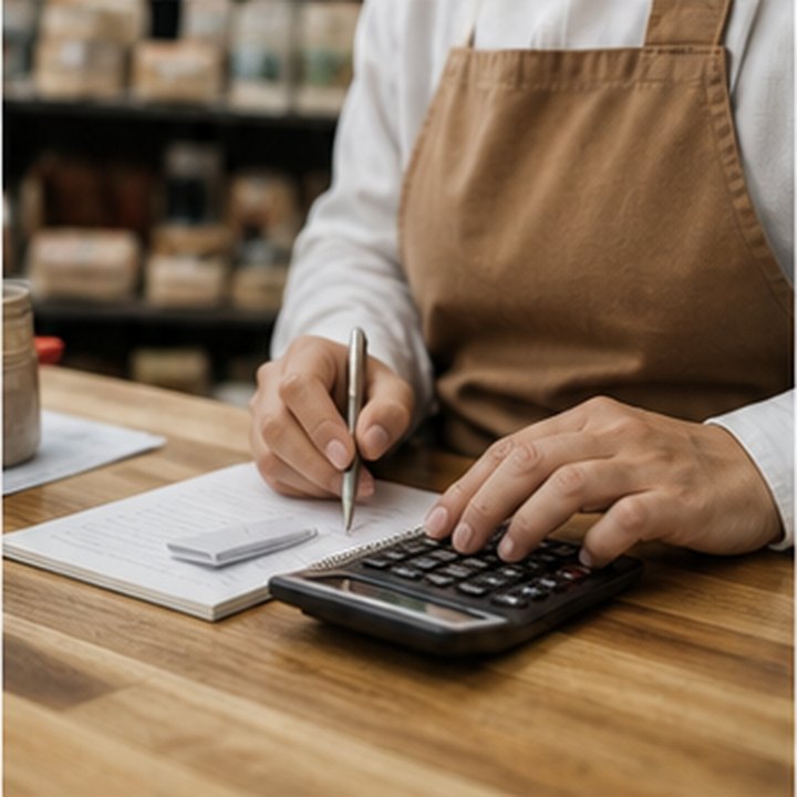 A small business owner using a calculator beside a notebook on a counter.