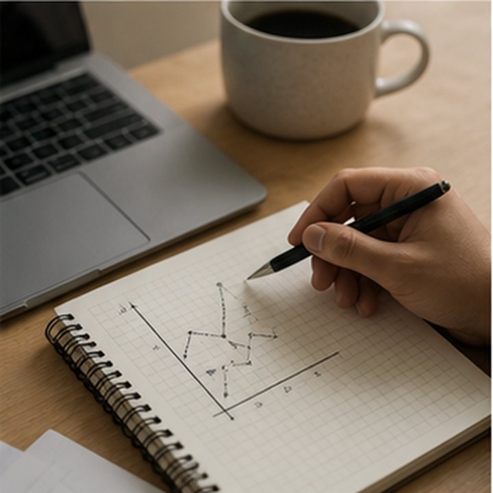 A hand drawing a small chart in a grid notebook beside a laptop and mug.