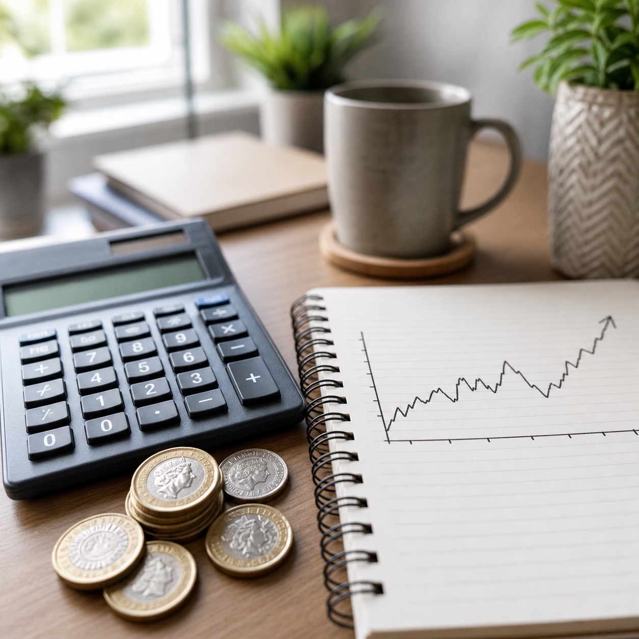 A calculator beside British pound coins and a small hand-drawn line chart on a tidy desk.